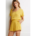 Dolman Nipped-in Elasticized Waist Button Keyhole Back V-Neck Romper